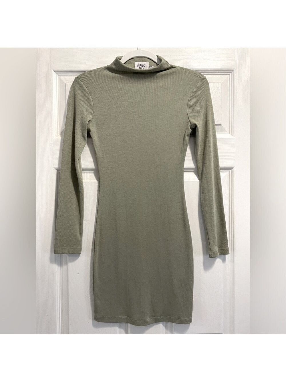 Princess Polly Sage Green Dress Long Sleeves Fitted Mini Stretchy Mock Neck Sz 2